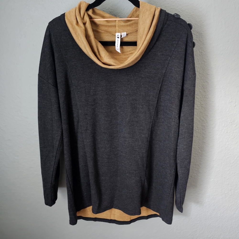 Cable & Gauge Cowl Neck Sweater Gray/Mustard Size M